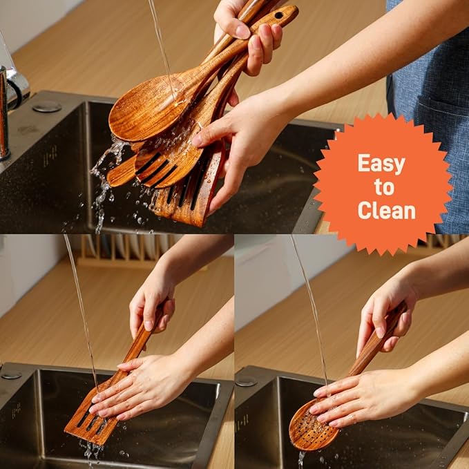 Teak Wooden Spoons for Cooking:6 Piece Wood Kitchen Utensils Set, Comfort Grip - Image 5