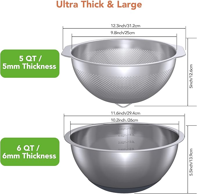304 Stainless Steel Colander and Strainer, 5QT Large Capacity and 6QT Mixing - Image 7