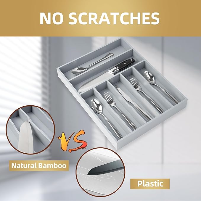 Besilord Silverware Organizer 13 Inch Gray Bamboo Kitchen Drawer Organizer 7 - Image 3