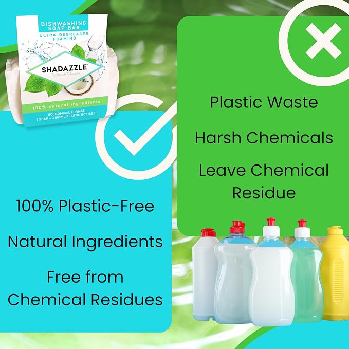 Shadazzle Solid Dish Soap 3 Pack Eco-Friendly Ultra Degreasing Bar | Natural Ingredients, Skin-Friendly, US-Handcrafted, Dishwashing Soap Bar, Zero Waste Solution, Space Saver