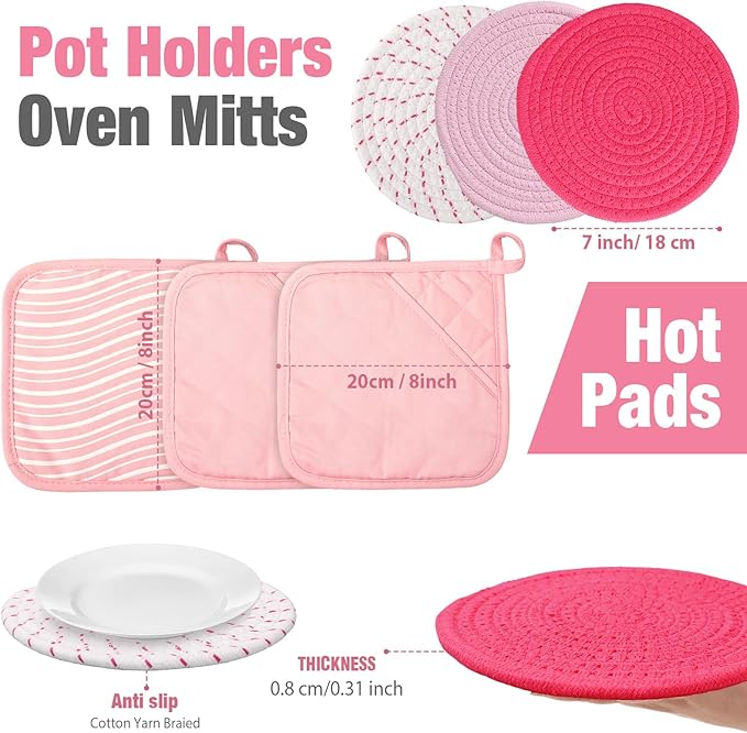 Sumind Pink Oven Mitts and Pot Holders 7 Sets, Heat Resistant Kitchen Gloves - Image 3