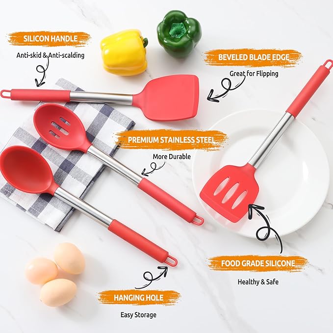 Cooking Utensils Set of 4, E-far Silicone Kitchen Utensils - Image 4