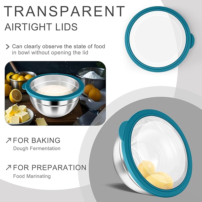HaWare Mixing Bowls with Airtight Clear Lids, 6-Piece Stainless Steel Strong - Image 3