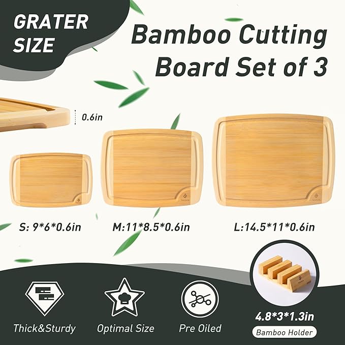 Bamboo Cutting Board Set Non Slip Feet - Image 2