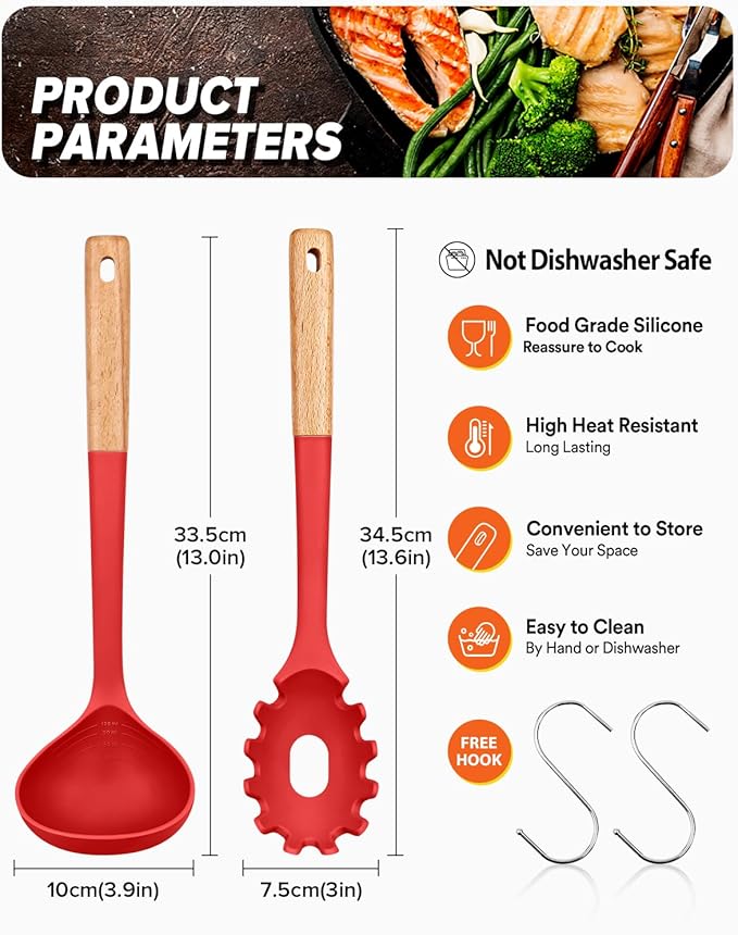 Pasta Fork and Ladle Set, and Sauce Pasta, BPA-Free Matte Silicone, Wood Handle - Image 2