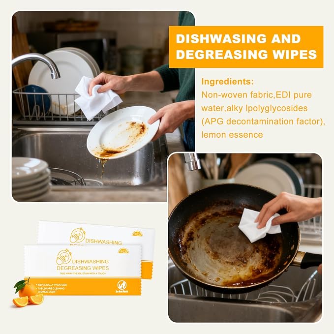 Dish Cleaning Wipes Individually Wrapped Travel Dish Soap Wipes Orange Scent 7.7”x 7.3“ Disposable Wipes Portable for Kitchen Outdoor Traveling Camping RV Quick Clean (50)