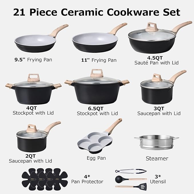 CAROTE 21pcs Pots and Pans Set Nonstick, Cookware Set Black Induction Kitchen - Image 2