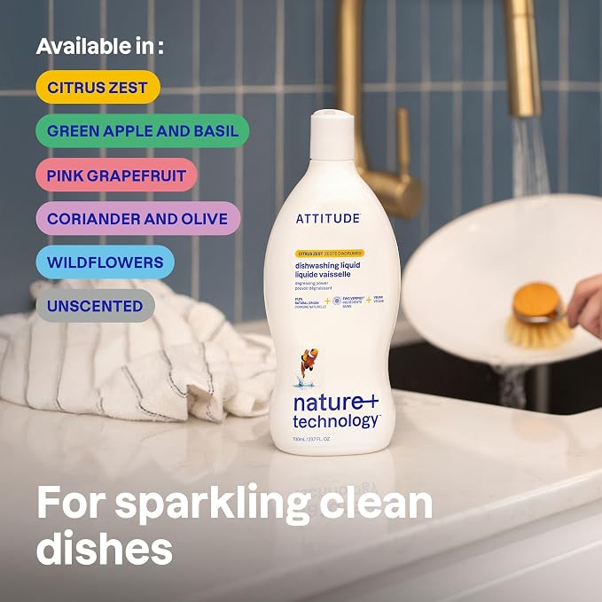 ATTITUDE Dish Soap & Refill Bundle, EWG Verified, Plant-Based, Vegan, Green Apple & Basil, 23.7 + 67.6 Fl Oz