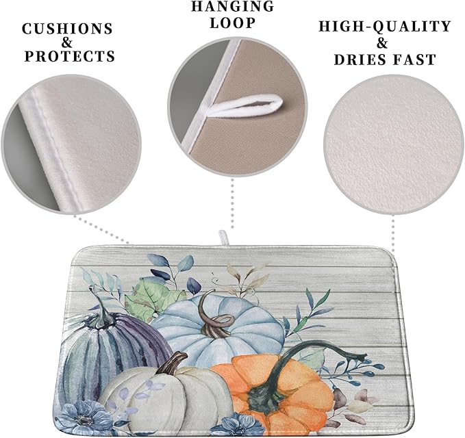 Fall Blue Orange Grey Pumpkin Kitchen Dish Drying Mat - Image 3