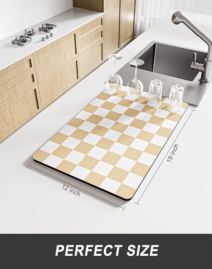 Rnivvi Dish Drying Mat for Kitchen Counter, 12 x 19" Cute Checkered Absorbent - Image 2