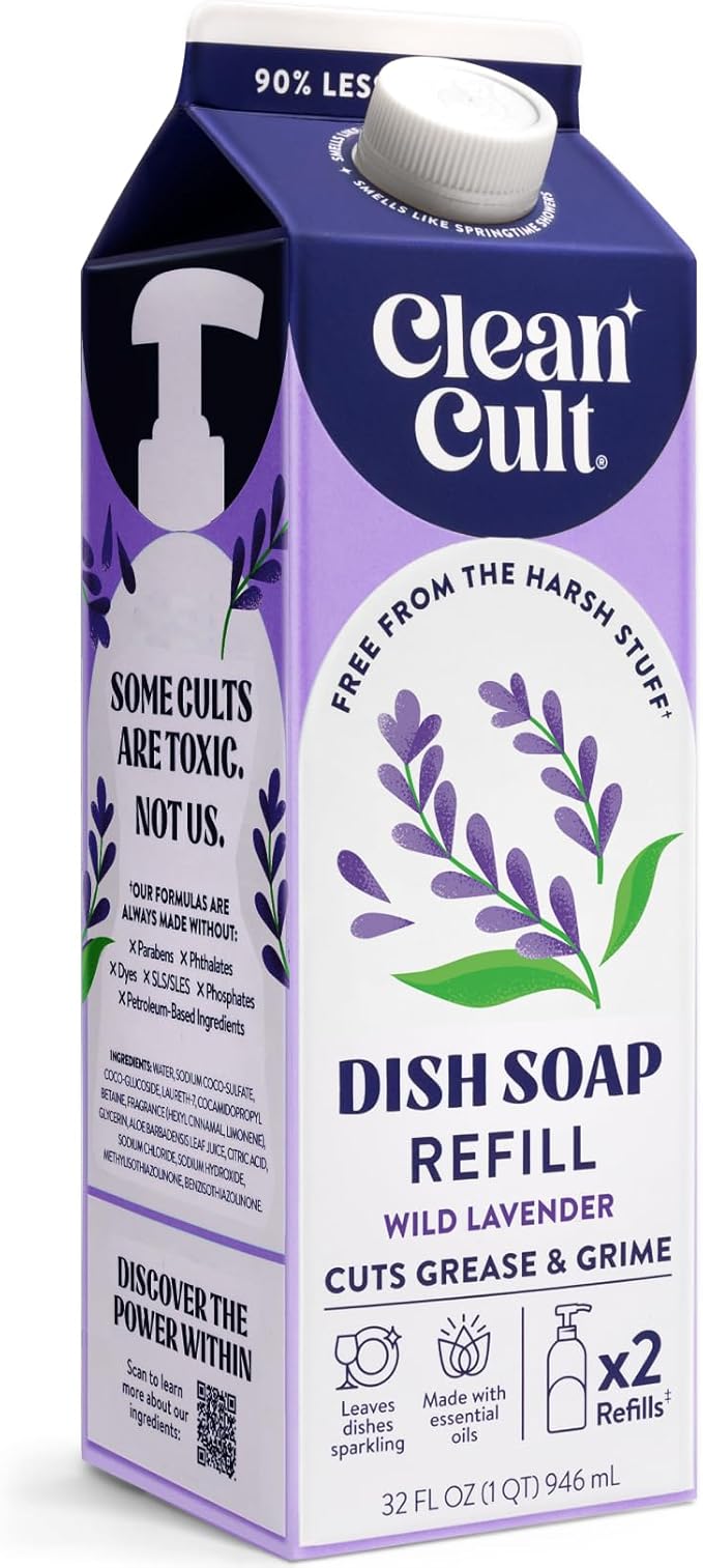 Cleancult Dish Soap Liquid Refill (32oz, 1 Pack) - Plant Based Cleaning Power - Dish Soap that Cuts Grease & Grime - Free of Harsh Chemicals - Uses 90% Less Plastic - Wild Lavender