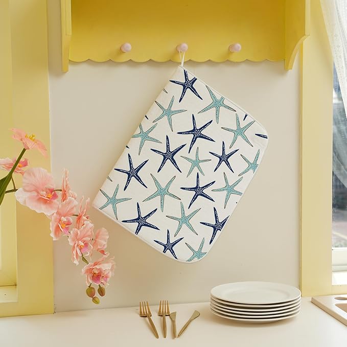 Coastal Dish Drying Mat 18x24 Inch Summer Navy Blue Teal Turquoise Starfish - Image 5