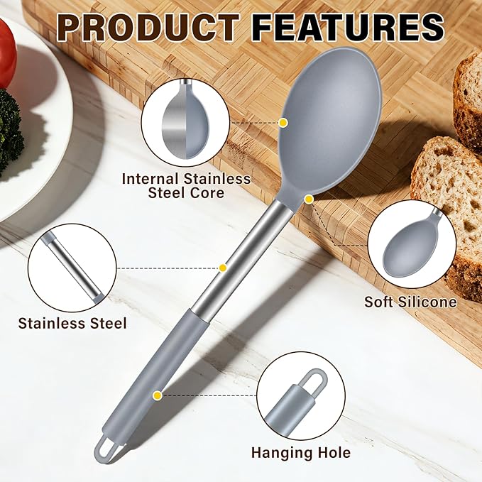 3Pcs Silicone Cooking Spoon Set, Kitchen Utensils Include Solid & Slotted Spoon - Image 3