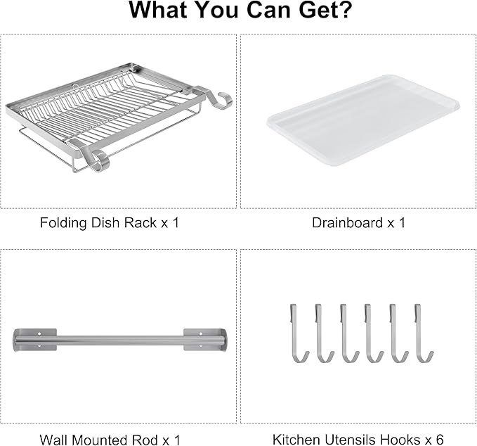 TQVAI Over Sink Dish Drainer Drying Rack, Stainless Steel Foldable Wall Mounted - Image 9