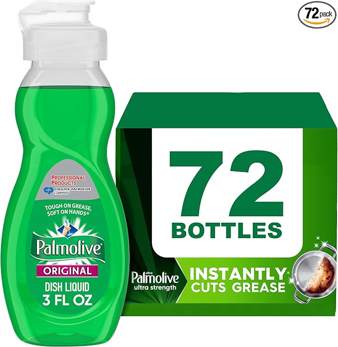PALMOLIVE Dishwashing Liquid, Travel Dish Soap, Original Scent, Green, 3 Fluid Ounce Bottle (Case of 72) - Total of 216 Fluid Ounces - Dishwashing Liquid - Kitchen Soap & Cleaning Supplies | Cuts Grease, Dishwashing Liquid Detergent, Paraben-Free, Toug...
