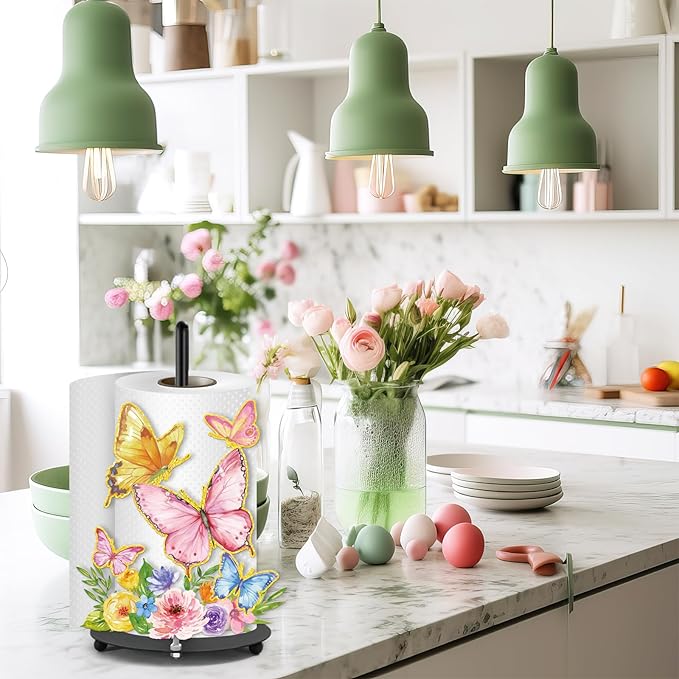 Whaline Spring Summer Paper Towel Holder Colorful Butterfly Floral Large Metal - Image 6