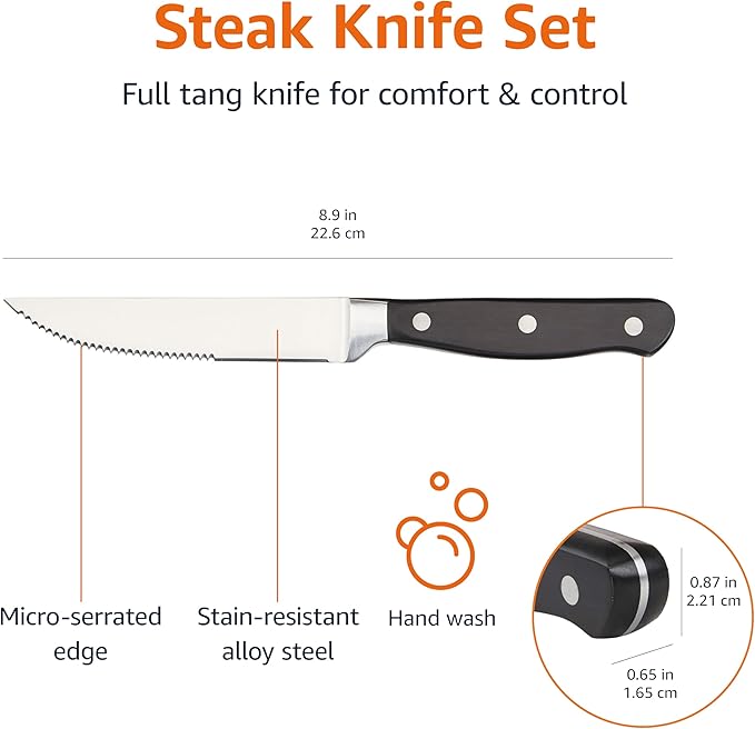 Amazon Basics 8-Piece Full Tang Stainless Steel Serrated Steak Knife Set - Image 6