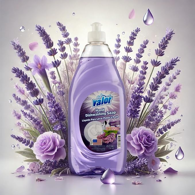 Valor Dishwashing Liquid, 25 fl oz – Dish Soap for Kitchen & Bathroom, Grease-Fighting, Gentle on Hands, Fast Rinse, Eco-Friendly Biodegradable Formula (25.5 oz (Pack of 3), Lavender)