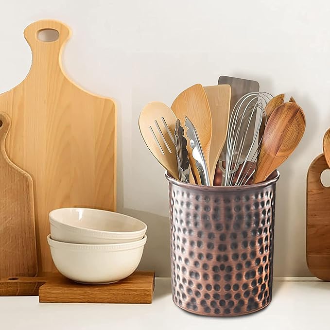 Monarch Abode Kitchen Utensil Holder – Hand Hammered Metal Antique Copper - Image 2