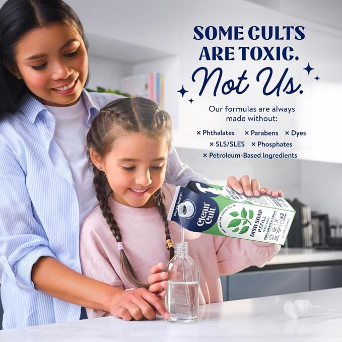 Cleancult Dish Soap Liquid Refills - Plant Based Cleaning Power - Cuts Grease & Grime - Free of Harsh Chemicals - Uses 90% Less Plastic - Fresh Basil - 32 oz/3 Pack