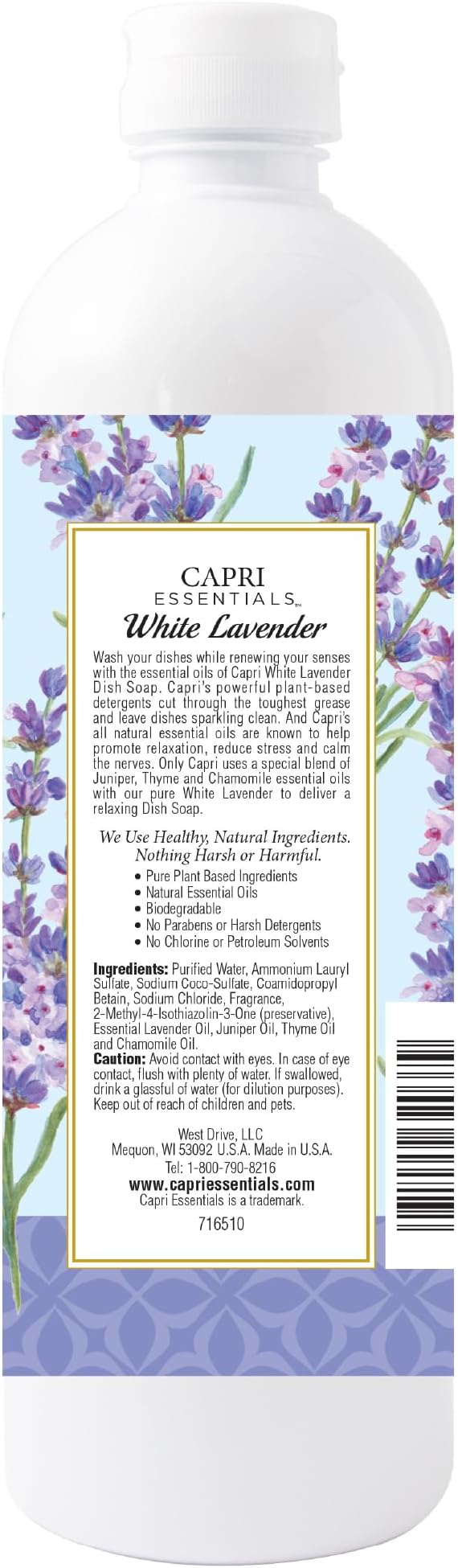 CAPRI ESSENTIALS Dish Soap Liquid, Natural Household Cleaning, Plant Based Aromatic Dish Detergent, Blend of Essential Oils with Juniper & Chamomile, White Lavender, 16 FL Oz (2 Pack)
