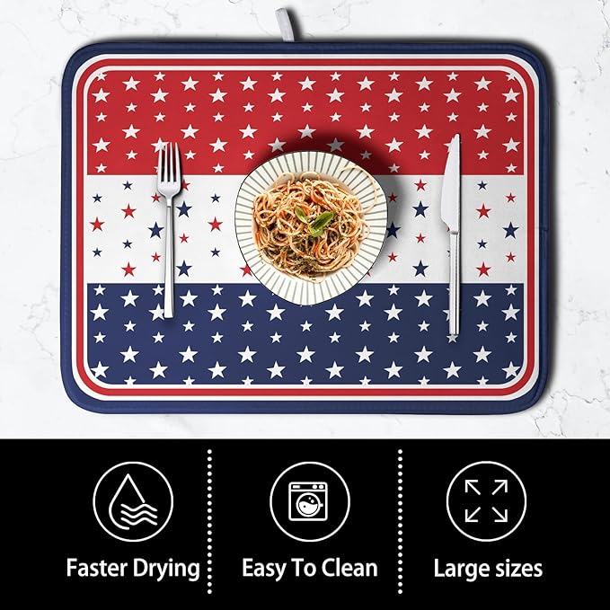 4th of July Dish Drying Mat for Kitchen Counter Patriotic Red White Blue Stars - Image 4