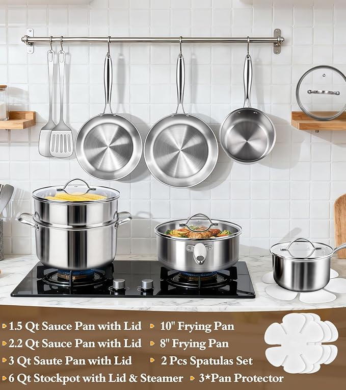 16-Piece Pots and Pans Set, Tri-Ply Stainless Steel Cookware Set - Image 2