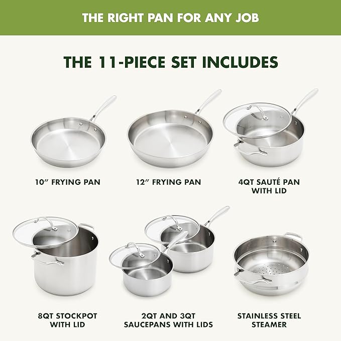 GreenPan Stainless Steel Cookware Set, 11 Piece, Induction Cookware, Dishwasher - Image 3