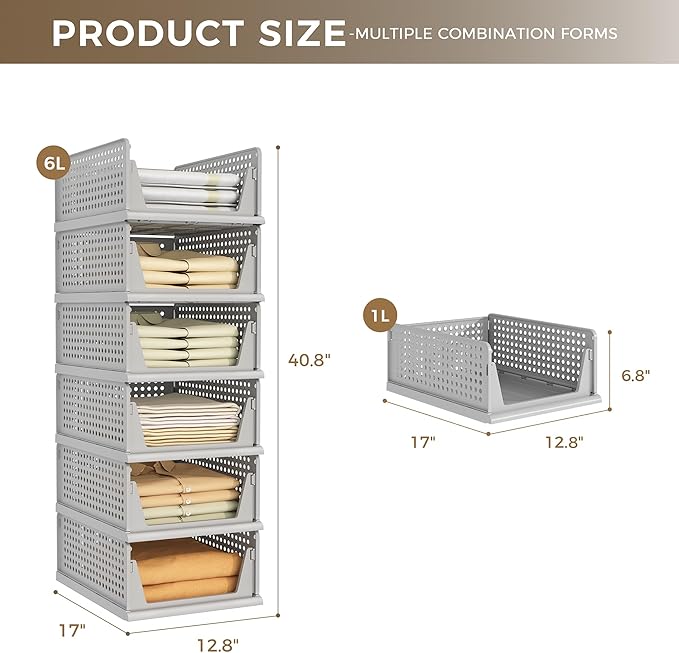 Pinkpum Grey 6 Pack Closet Organizers Storage Bins, Stackable Plastic Drawer - Image 3