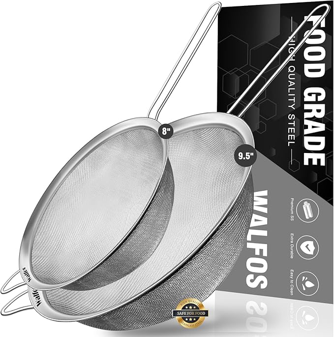 Walfos Large Fine Mesh Strainer 9.35" & 7.8", Stainless Steel Mesh Sieve by Walfos