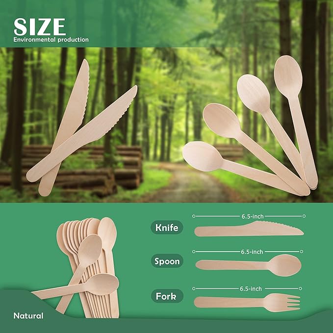 Disposable Wooden Forks -Pack of 100, 6.5" Length-Biodegradable, Natural Wooden - Image 6
