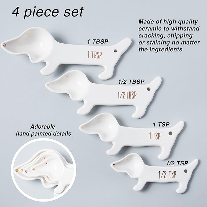 VOTUM White Dachshund Ceramic Measuring Spoon Set – Set of 4 Cute Weiner Dog - Image 2