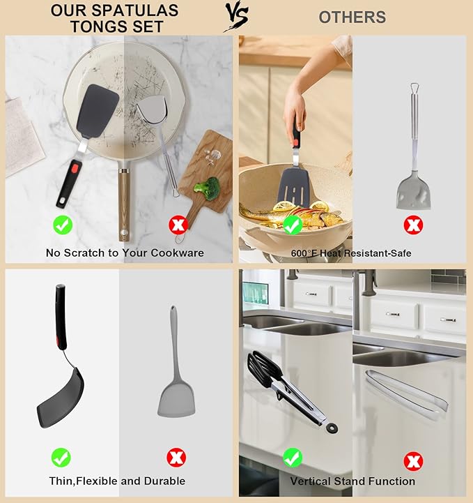 4PCS Flexible Silicone Spatula Turner Set and Kitchen Food Tongs - Image 6