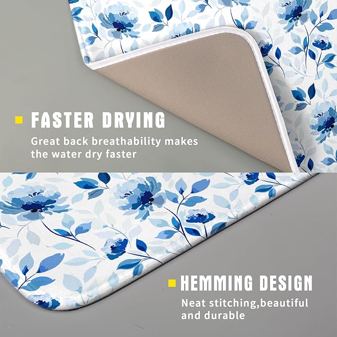 Blue Floral Dish Drying Mat 16x18 inch Flower Leaves Dish Rack Pad Microfiber - Image 3
