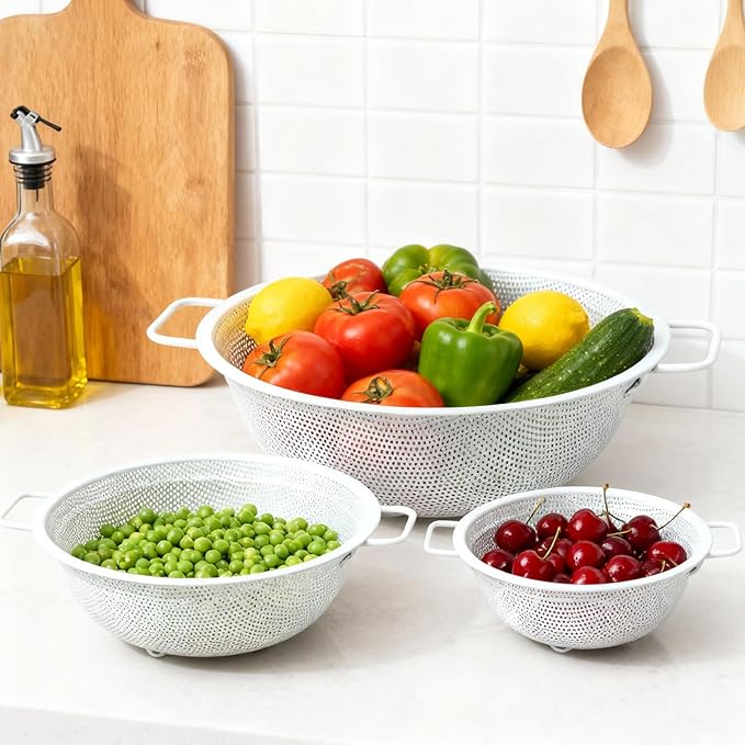 Colander Set with White Coating, Stainless Steel Micro-Perforated Colanders - Image 8