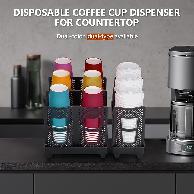 Paper Cup and Lid Holder, Disposable Coffee Cup Dispenser, 3-Slot Upright Paper - Image 6