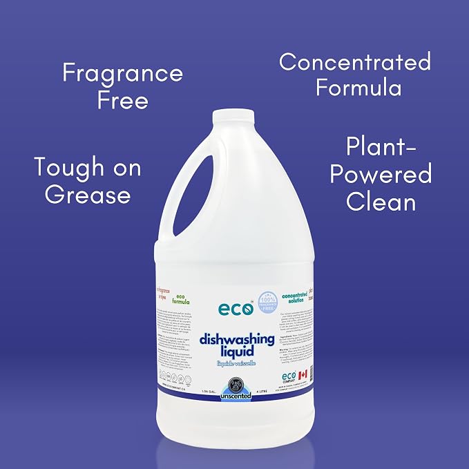 Eco Dishwashing Liquid, Unscented, 1 Gallon, Plant-based Dish Soap, Concentrated, Fragrance Free, Biodegradable, Grease Cutting Formula, Bulk Dish Soap Refill, Eco Friendly Dishwashing