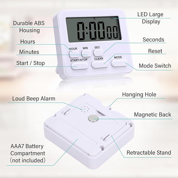 Leumoi 6 Pcs Digital Kitchen Timer 24 Hour Clock and Alarm Function Timer - Image 3