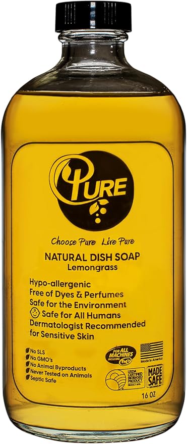 Pure Lemongrass Natural Dish Soap, 16 oz, Hypo-allergenic, Free of Dyes and Perfumes, Safe for Sensitive Skin