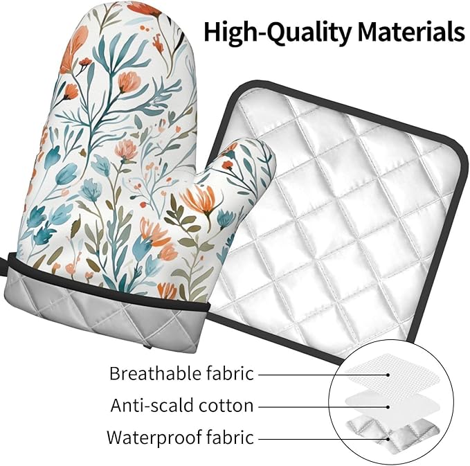 Teal Orange Watercolor Floral Oven Mitts and Pot Holders Sets of 3, Heat - Image 9