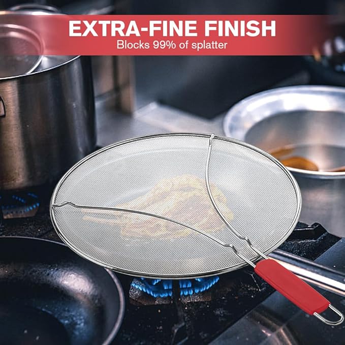 Splatter Screen for Frying Pan & Food Strainer, 13 Inch Stainless Steel Grease - Image 3