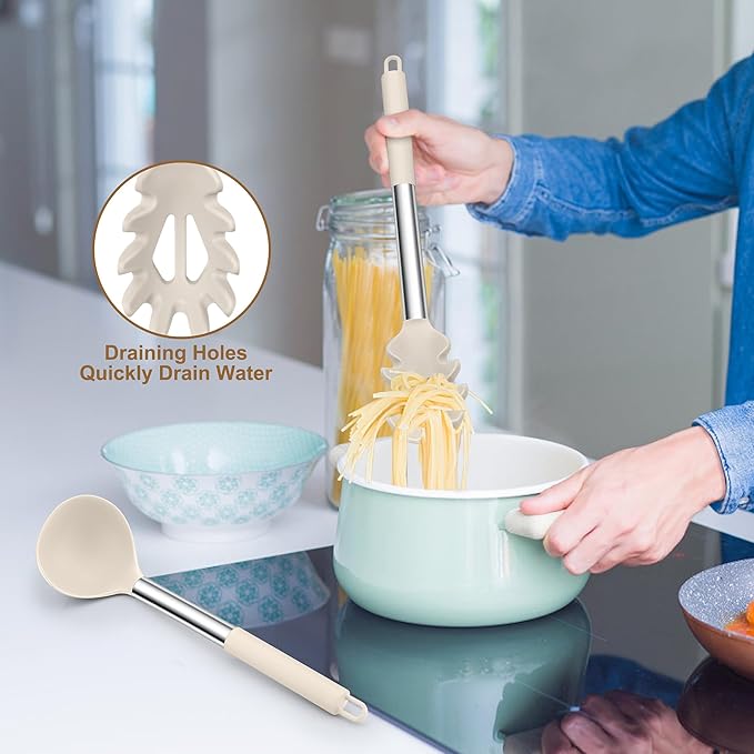 TeamFar Silicone Soup Ladle and Pasta Fork Set, Serving Soup, Non-Toxic & - Image 5