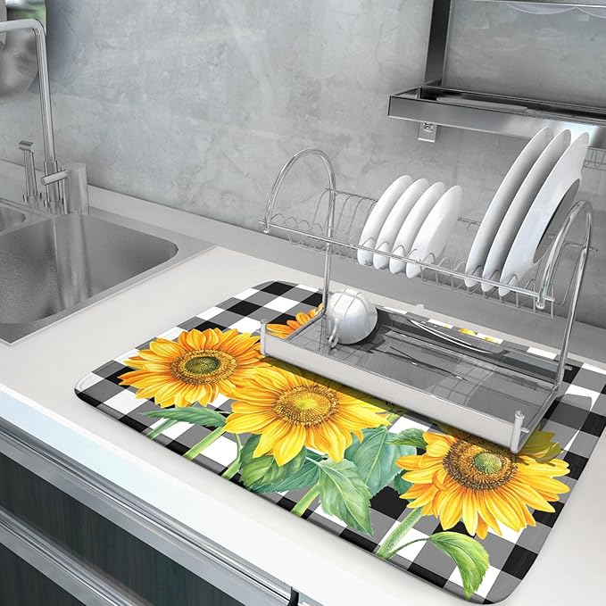 Sunflower Dish Drying Mat for Kitchen Counter Watercolor Black White Plaid - Image 5