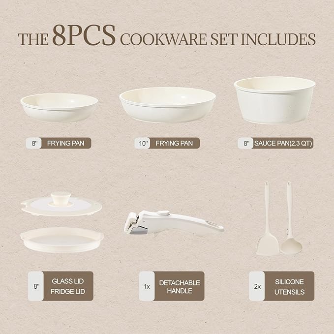Ceramic Cookware Set Non Stick 8Pcs Pots and Pans Set Detachable Handle - Image 2