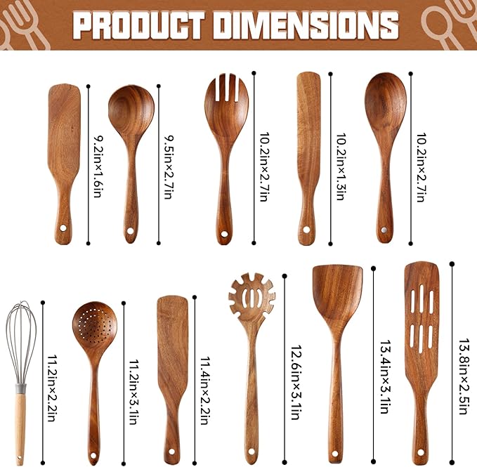 Wooden Spoons for Cooking 11Pcs Natural Acacia Wooden Kitchen Utensil Set - Image 2