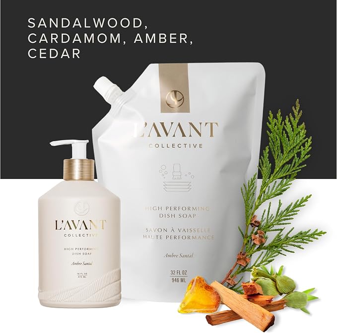 L'AVANT Collective The Ultimate Dish Wash Duo, Natural Luxury Dish Soap 16 Fl Oz with Refillable Glass Pump Bottle & 2 Loofah Dish Sponges for Pots, Pans, Dishes and Kitchen Cleaning, Ambre Santal