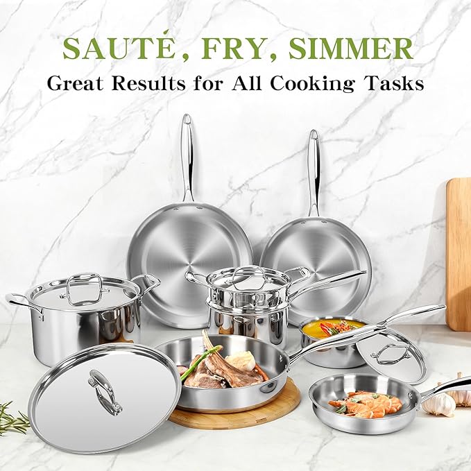 Triple Ply Stainless Steel Pots and Pans Set, EWFEN 12 Piece Induction Cookware - Image 3