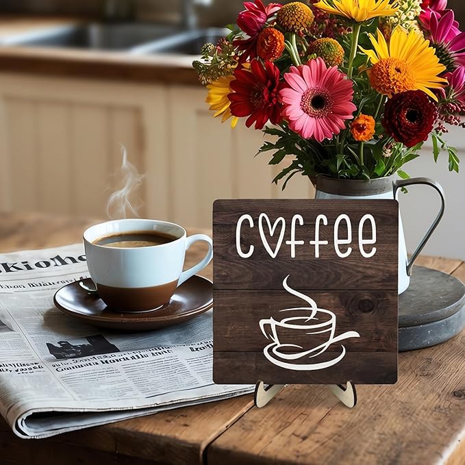 Coffee Bar Sign Plaque Decor, Coffee Bar Accessories, Rustic Wooden Tabletop - Image 6