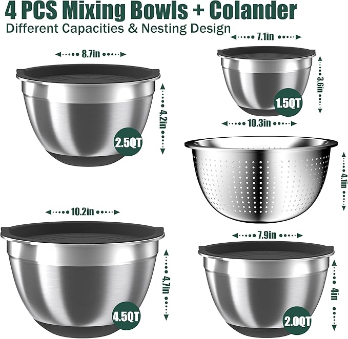 Mixing Bowls with Airtight Lids Set, 4 Stainless Steel Bowls Nesting Bowls & - Image 2