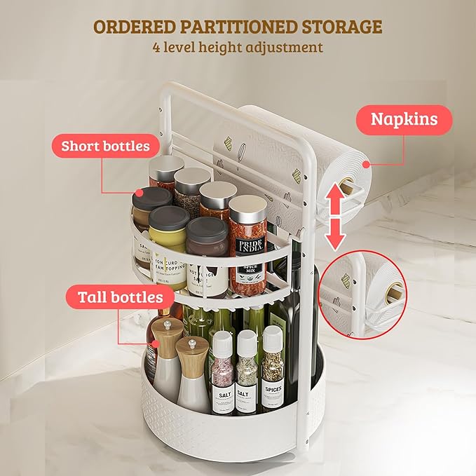 Rotating Spice Rack with Paper Towel Holder, 2 Tier Turntable Lazy Susan - Image 3
